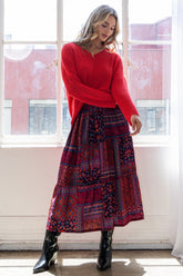 ODDI Women's Full Size Bohemian Printed Tiered Maxi Skirt